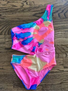 Sugar and Jade Girls Small 8 One Piece Swimsuit One shoulder Pink blue tie dye